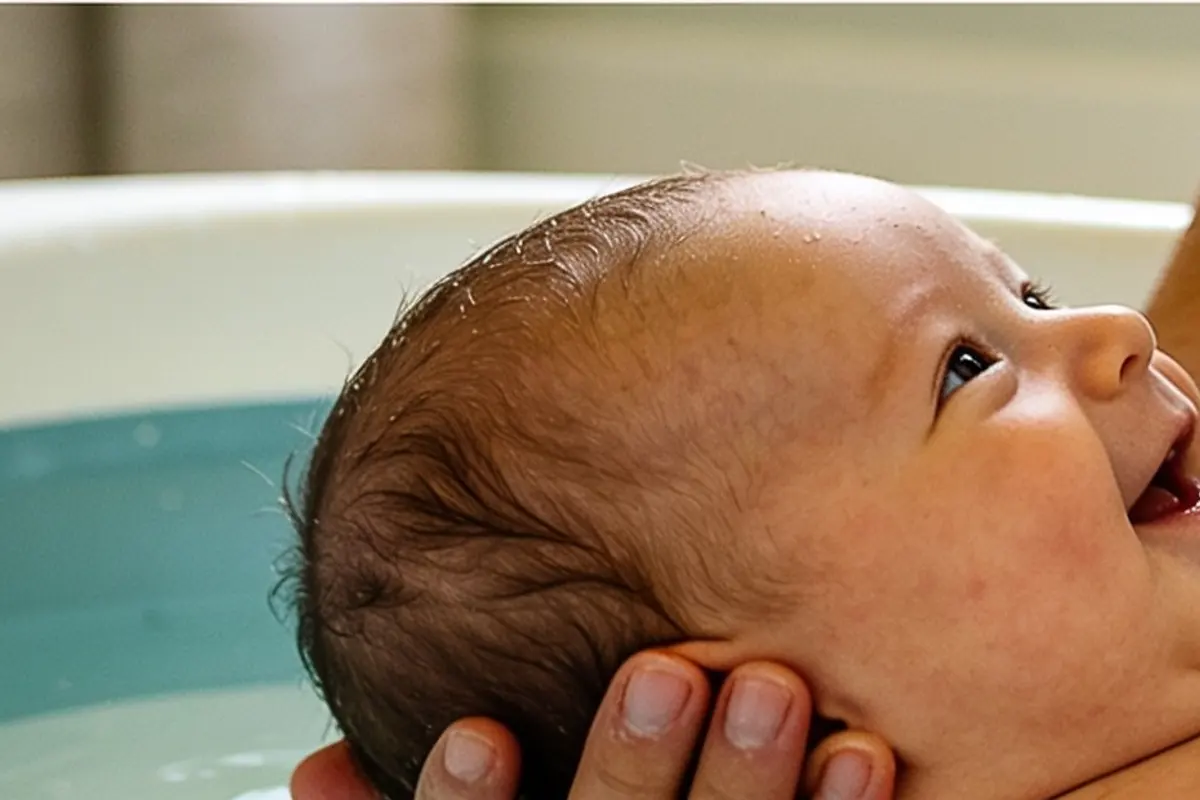 A parent supports their smiling baby's head during a bath in a small baby tub.