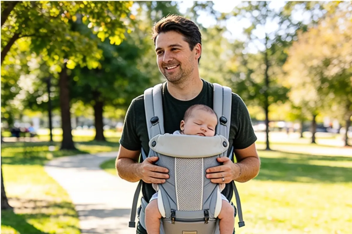 A parent walks through a sunny park wearing their baby in a front carrier.