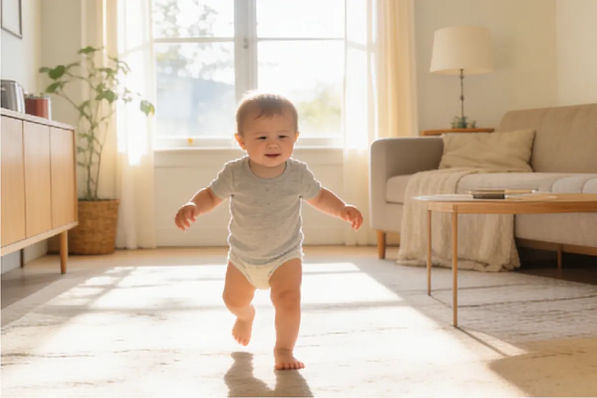 A toddler takes wobbly steps across a sunny living room.