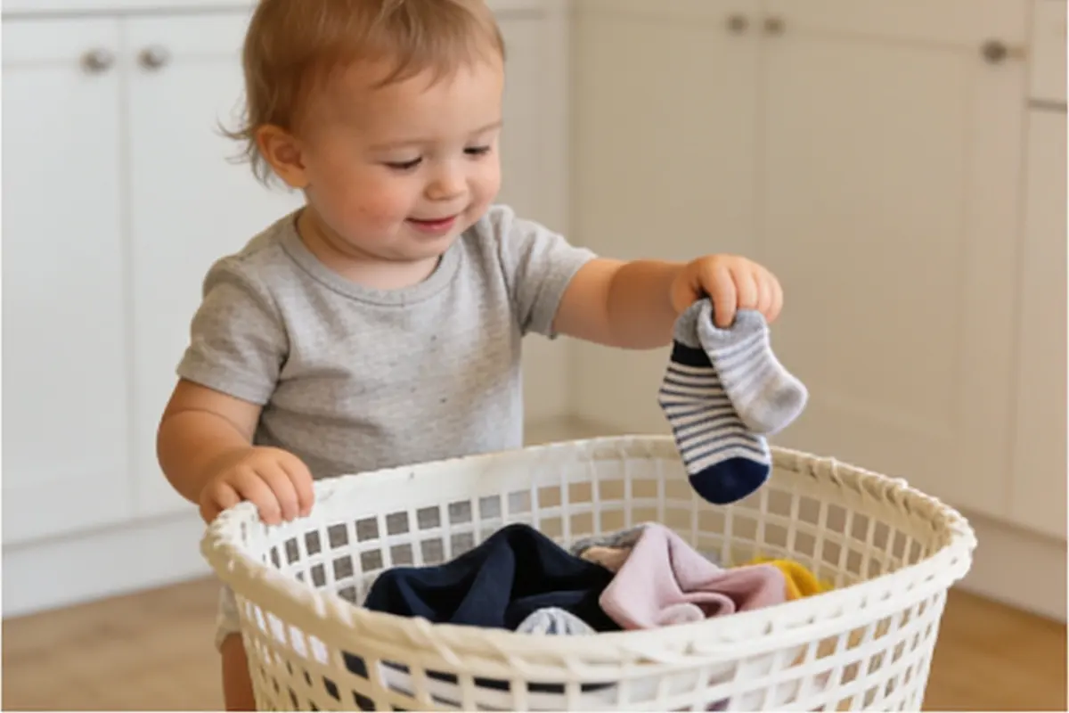 A toddler drops a pair of socks into a laundry basket.