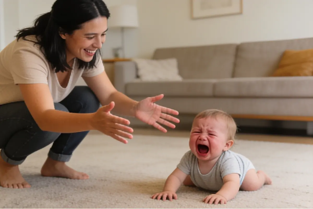 A parent crouches calmly with open arms beside a crying toddler on the floor.