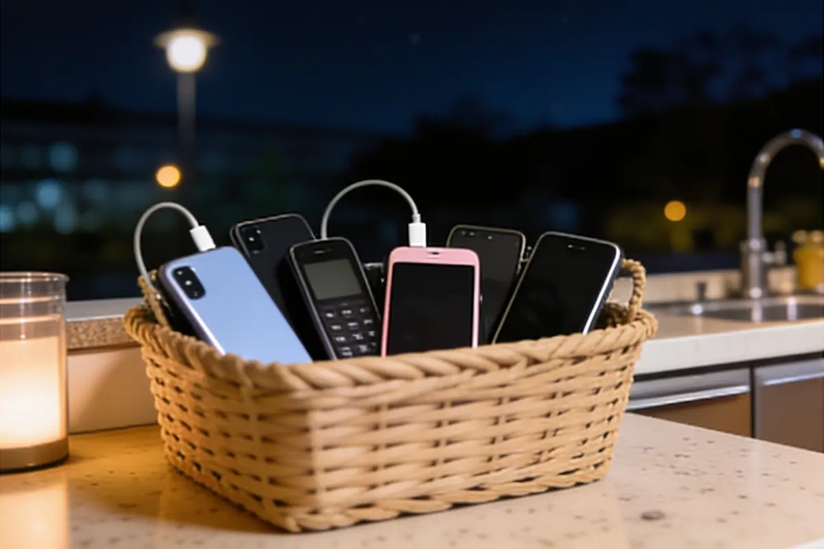 The family's phones charge together in a basket on the kitchen counter at night.