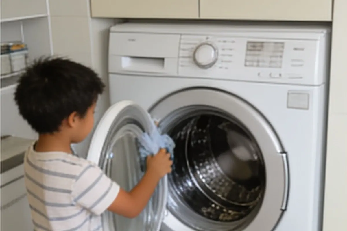 A 10-year-old loads clothes into a front-loading washing machine.