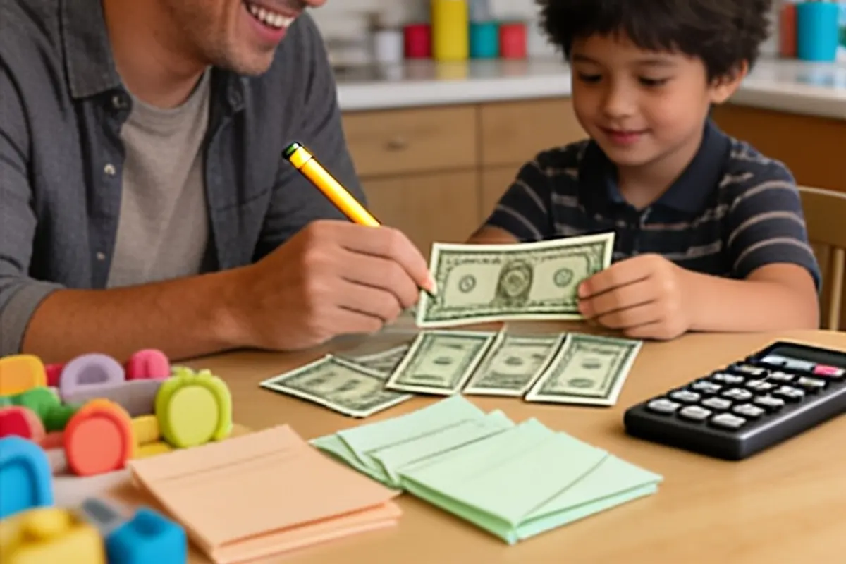 A parent and child sort play money with a calculator at the kitchen table.