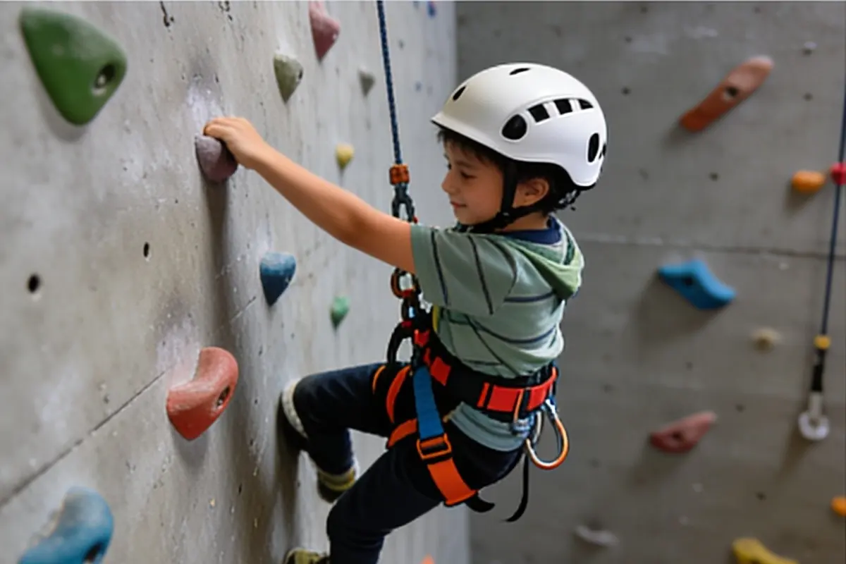 A child in a helmet and harness climbs an indoor climbing wall.