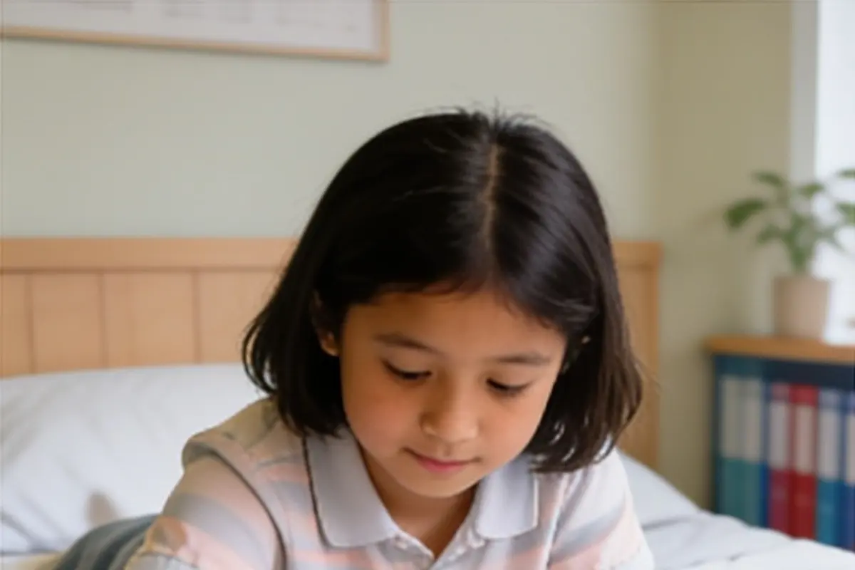 An 11-year-old writes in a journal on their bed.