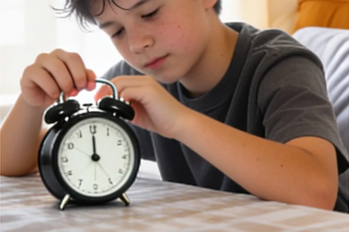 A sleepy 12-year-old switches off an alarm clock in the morning.