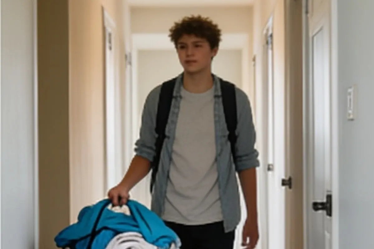 A 12-year-old carries a full laundry basket down the hallway.