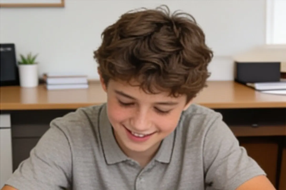 A 12-year-old writes plans in a notebook at a desk.