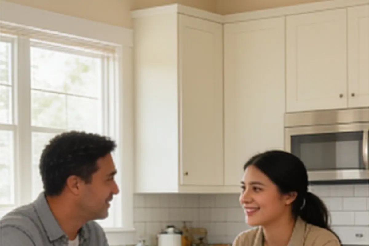 A parent and a 12-year-old talk calmly across the kitchen island.