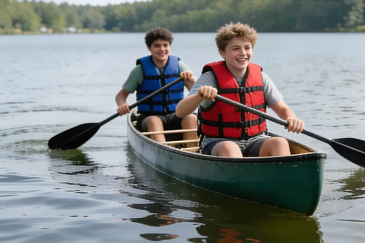 Two young teens wearing life jackets paddle a canoe on a lake.