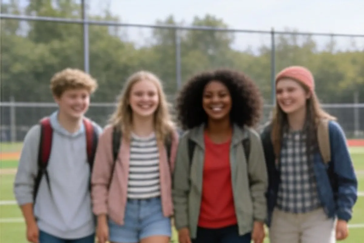 A group of young teens walks and laughs together across a school field.