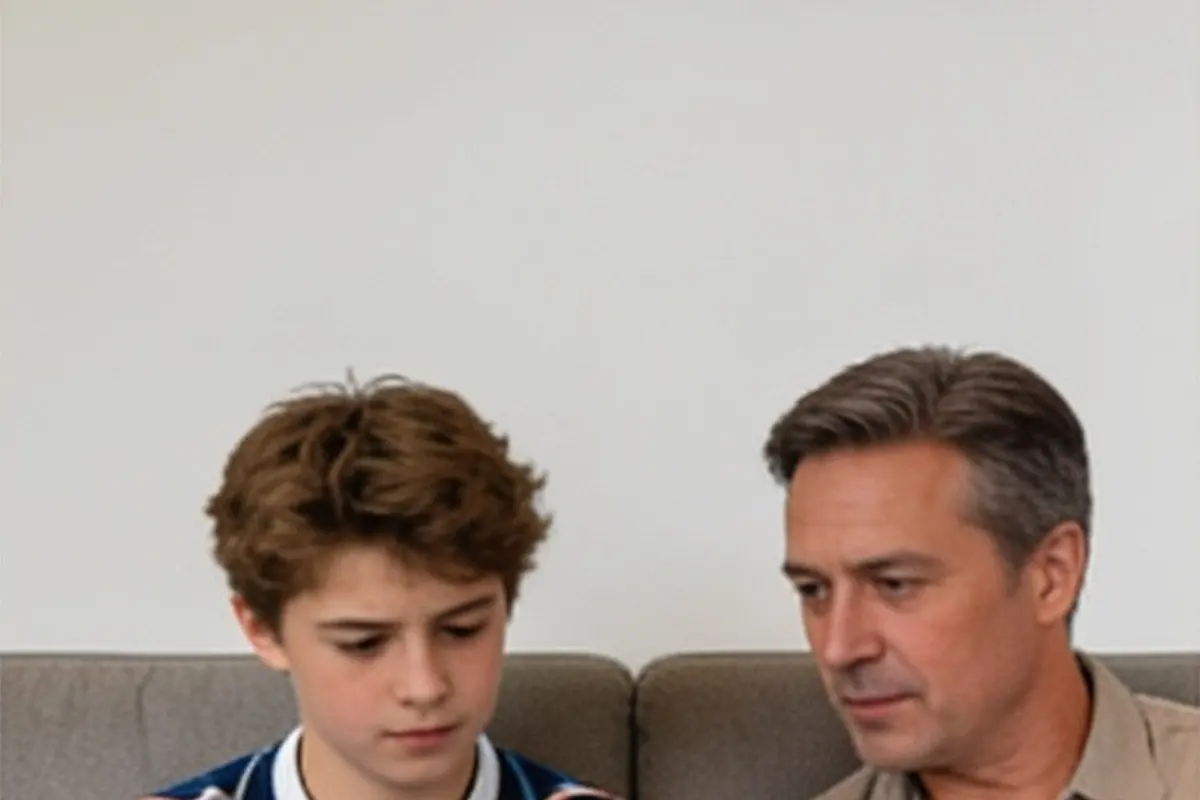 A teen and parent look at a tablet together on the couch.
