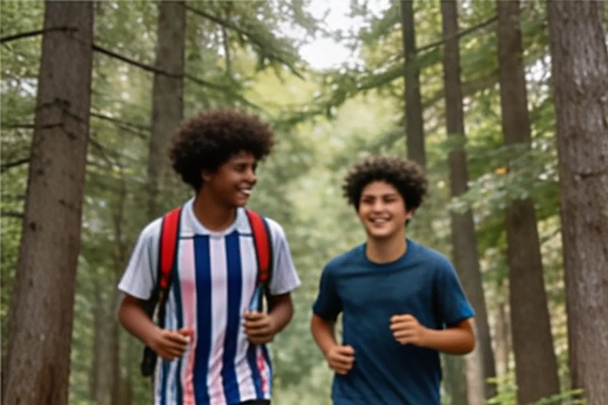 Two teens jog together on a wooded trail.