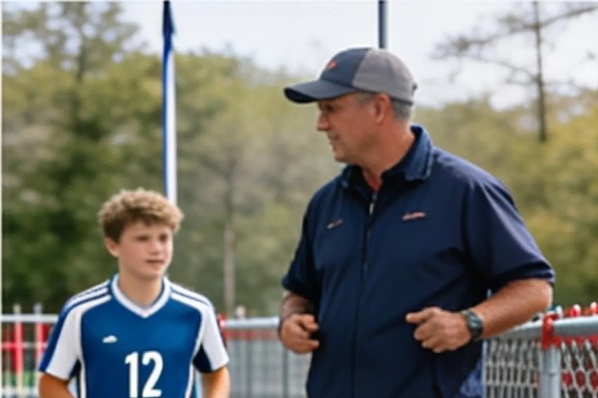A teen soccer player listens to a coach on the sideline.