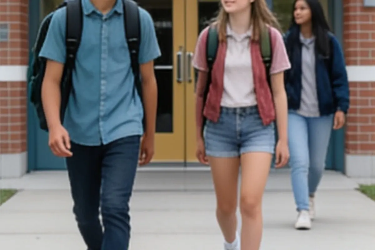 Teens with backpacks walk together toward the high school entrance.