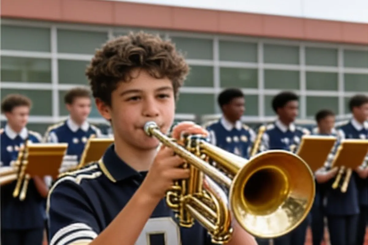A teen plays trumpet at a marching band rehearsal.