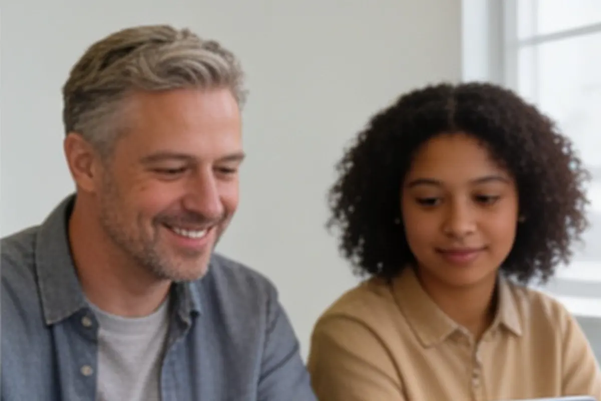 A parent and teen sit side by side at a laptop, relaxed.
