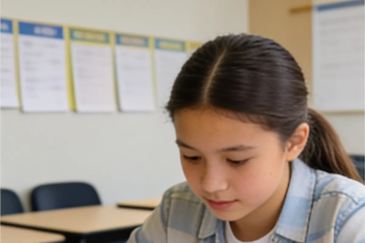 A teen studies with handwritten notes and flashcards at a desk.