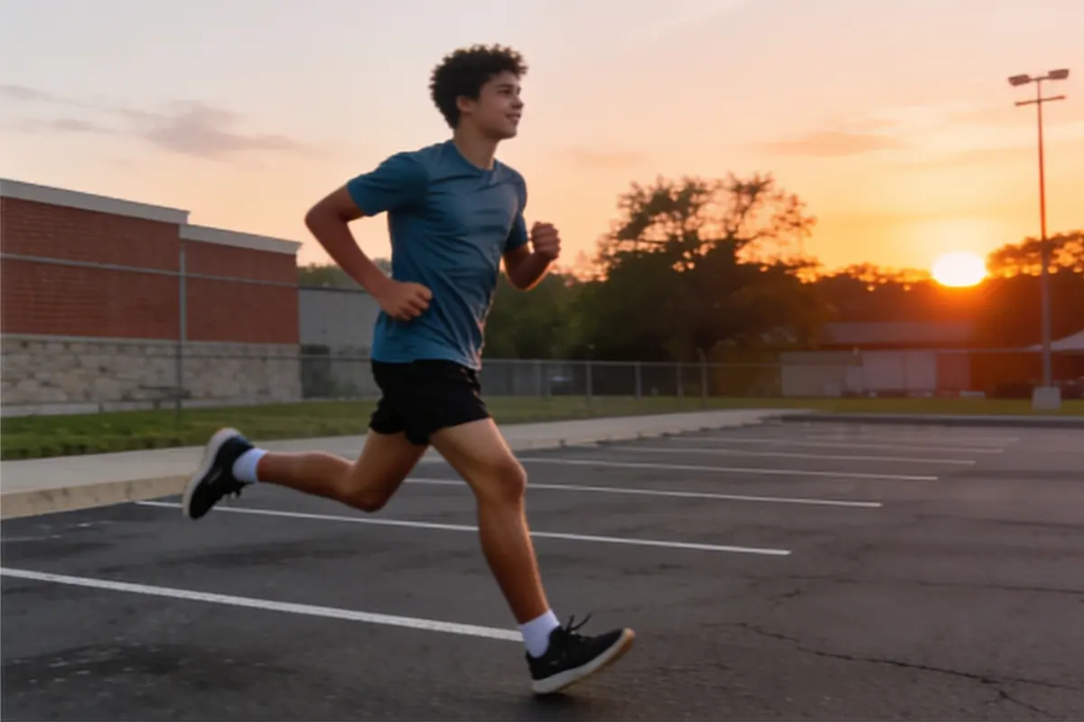 A teen runner trains outdoors at sunset.