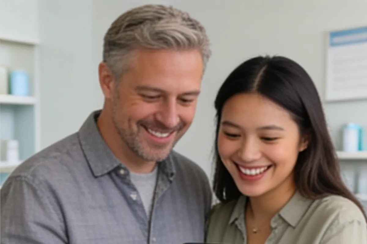 A parent and teen laugh while looking at a phone together.