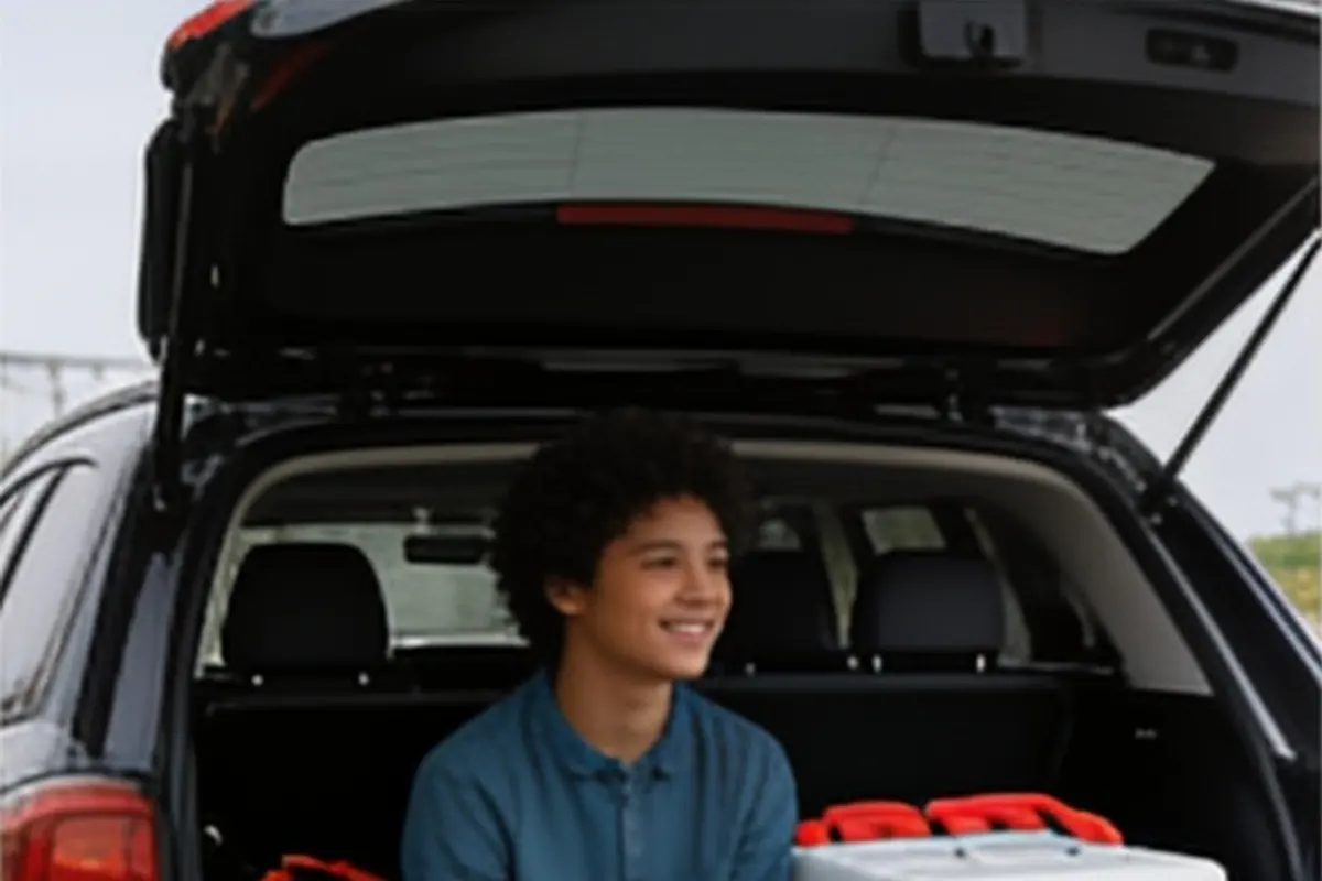 A teen sits in an open car trunk next to a packed cooler and backpack, ready for a family outing.
