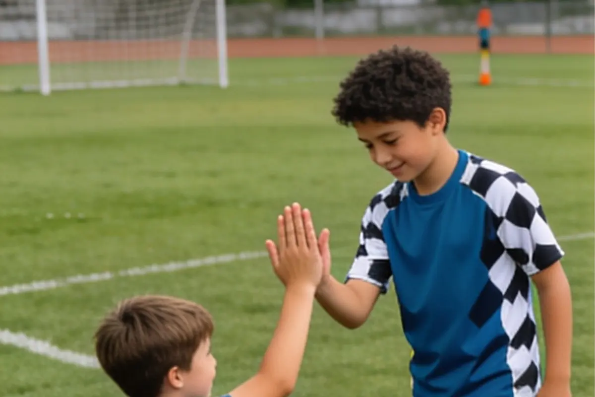A teen soccer helper high-fives a young player on the field.