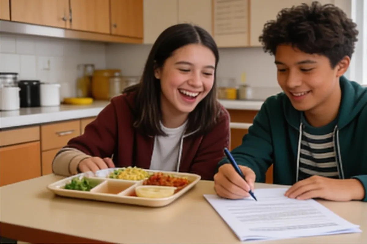 Two teens laugh together at a school lunch table.