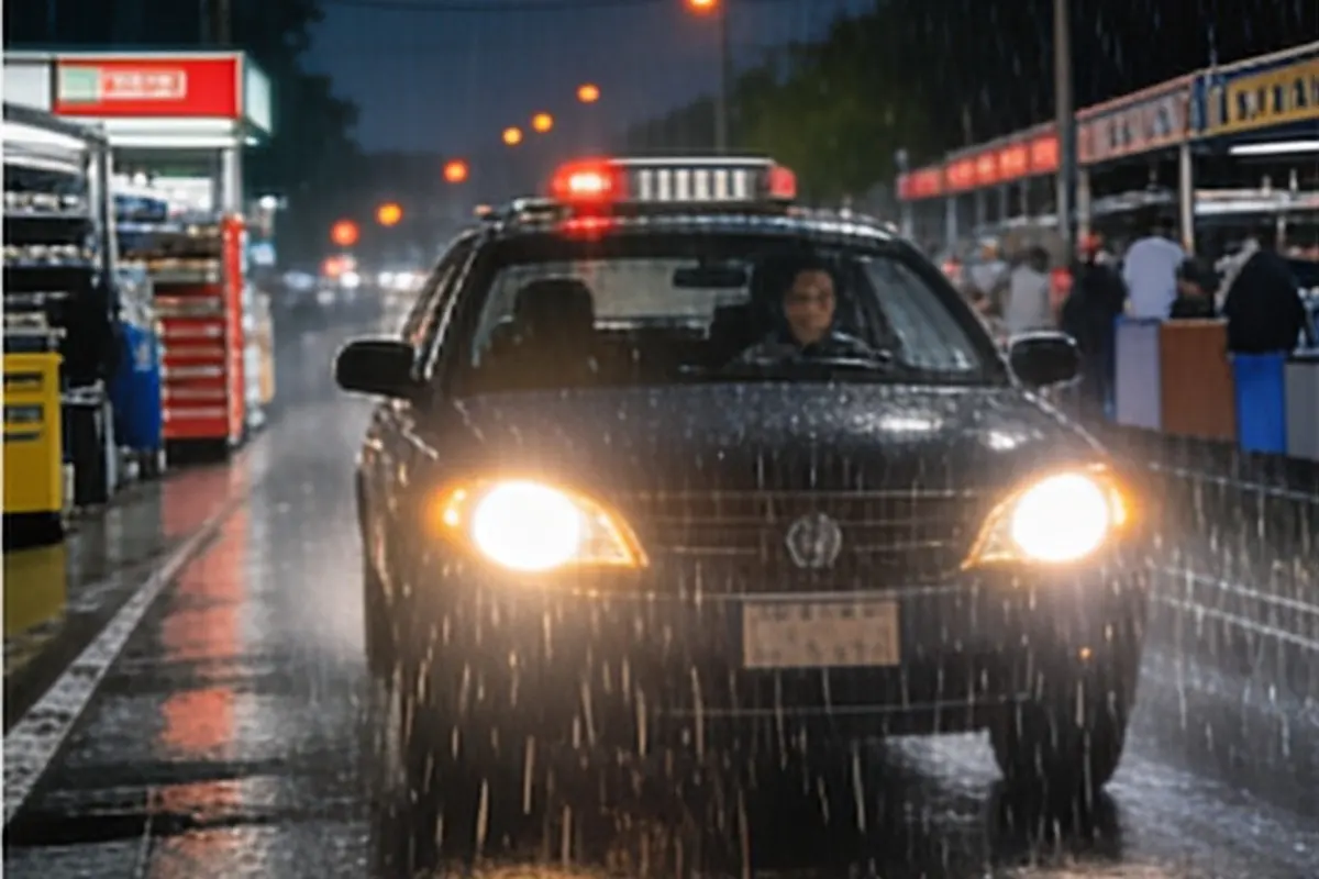 A car drives slowly down a wet street at night with its headlights on.