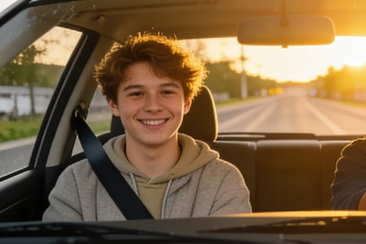 A parent drives at golden hour while a smiling teen rides in the passenger seat, both buckled.