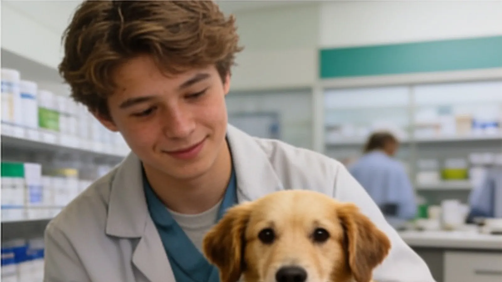 A teen in a white coat gently holds a puppy while job shadowing at a veterinary clinic.