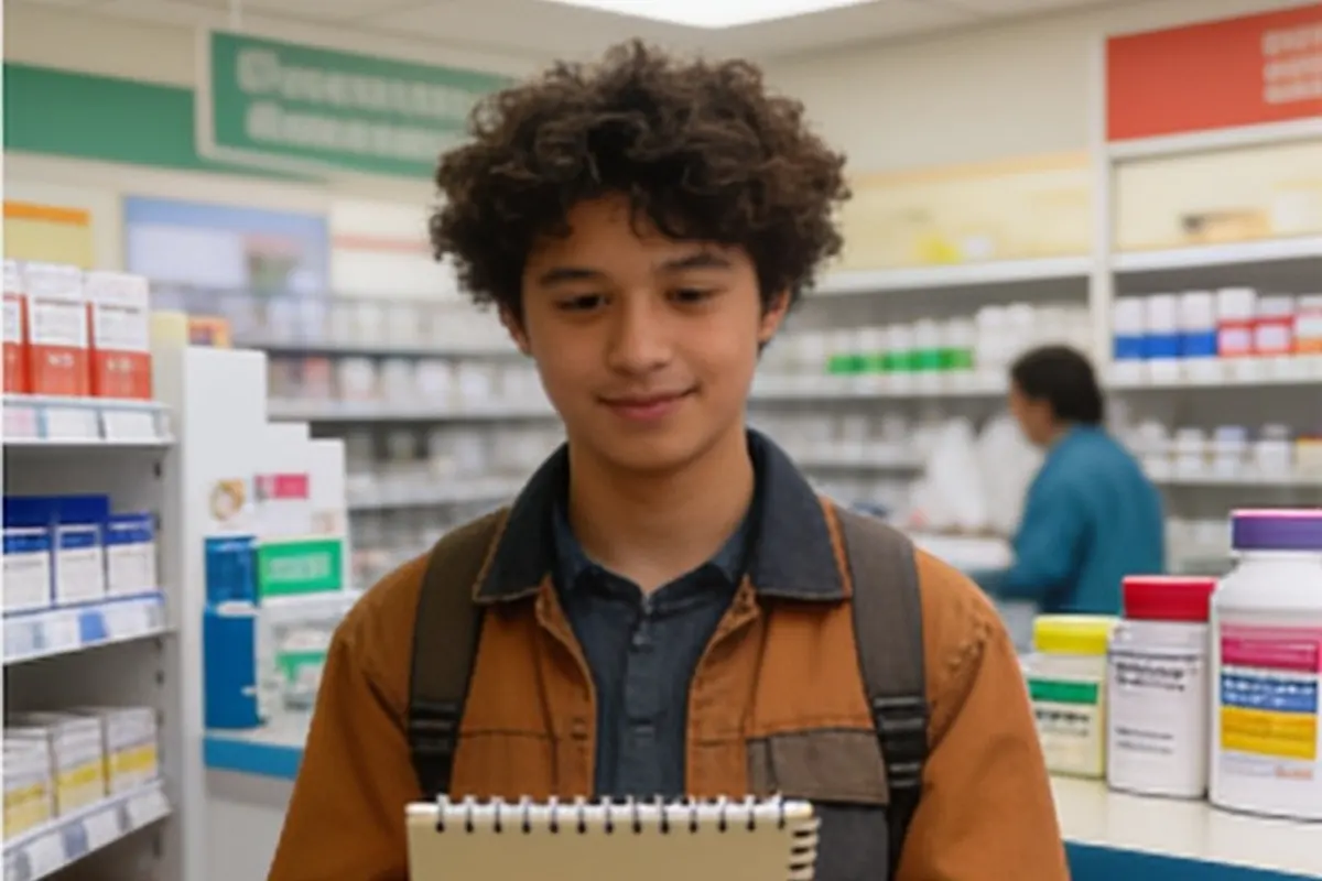 A teen holds a notepad at a pharmacy counter.