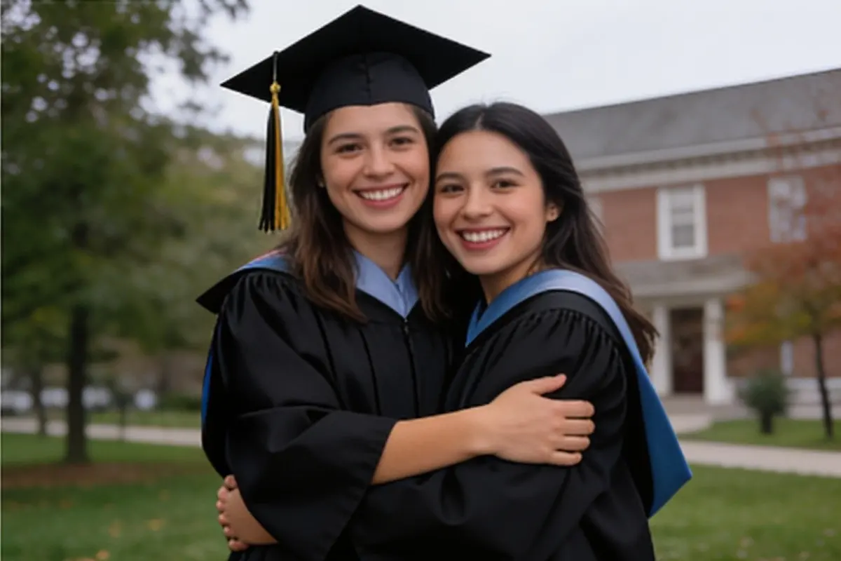 Two graduates in caps and gowns hug and smile outdoors.