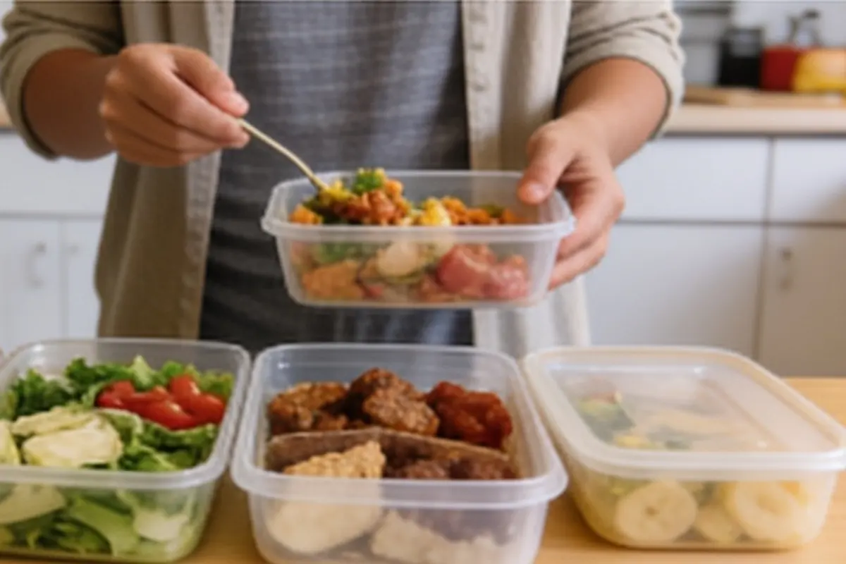 Containers of home-cooked meals are portioned out on a kitchen counter.