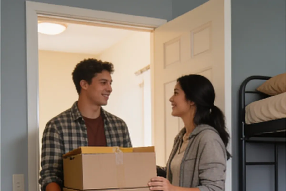A young adult carries boxes into a dorm room as a parent holds the door.