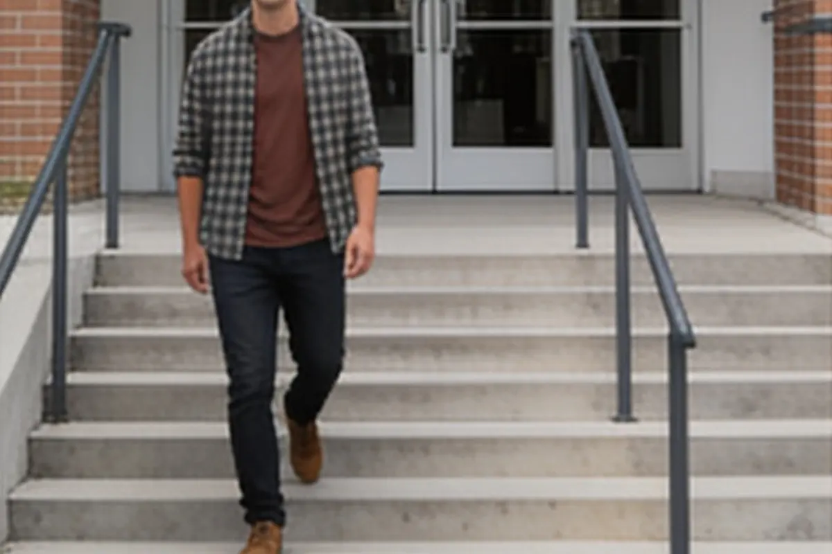 A young adult walks down the steps of a campus health center.