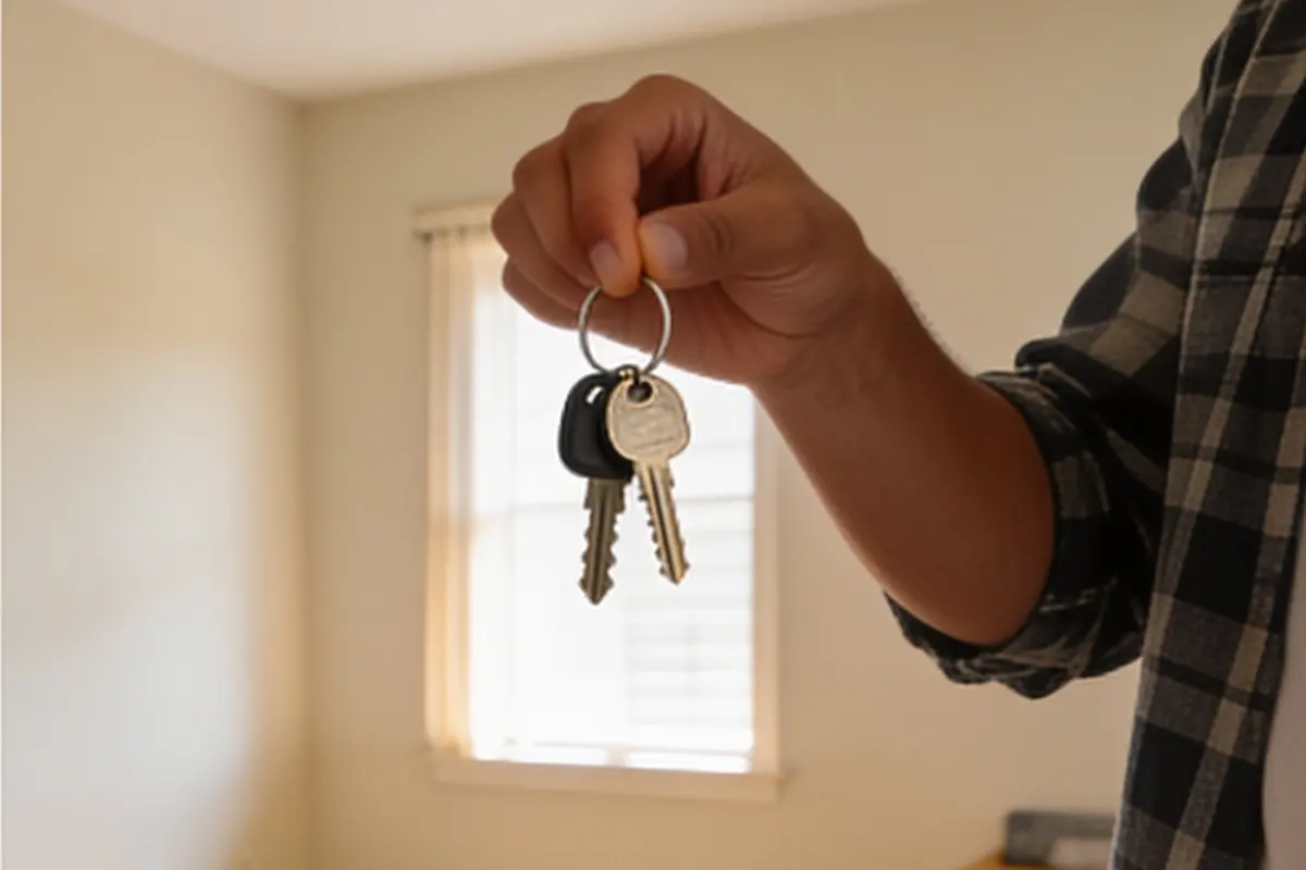 A hand holds up a new set of keys in an empty, sunlit apartment.
