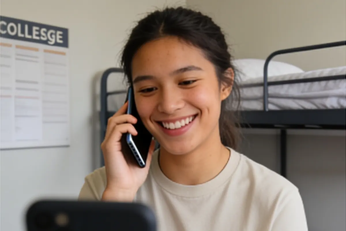 A young adult smiles while talking on the phone in a dorm room.