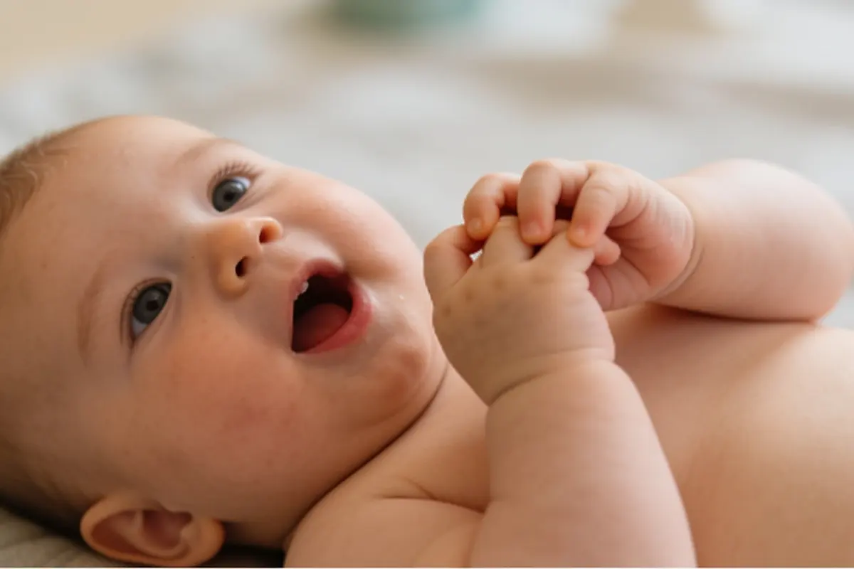 A baby lying on their back brings both hands together at their mouth.