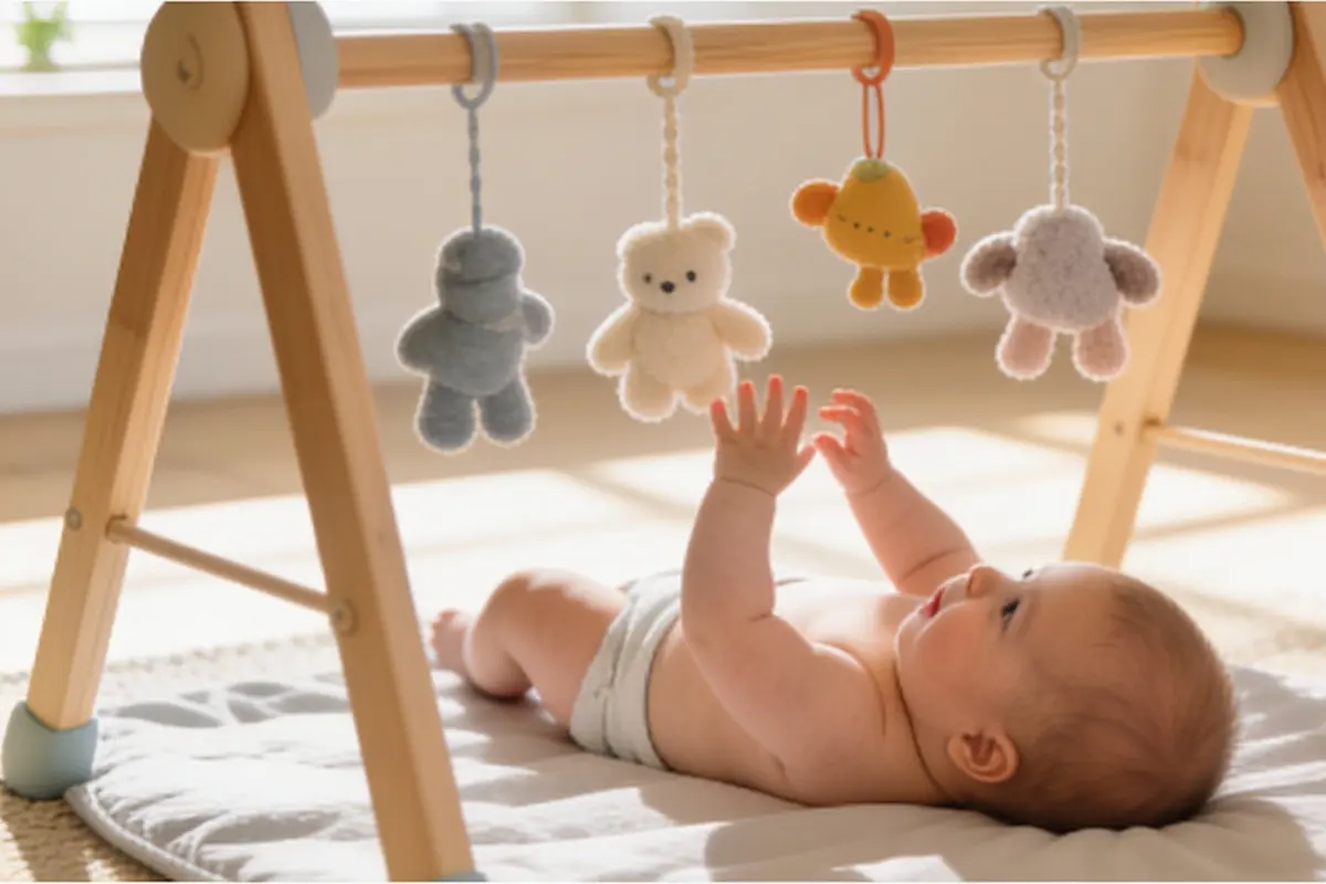 A baby on their back under a wooden play gym reaches up toward hanging soft toys.