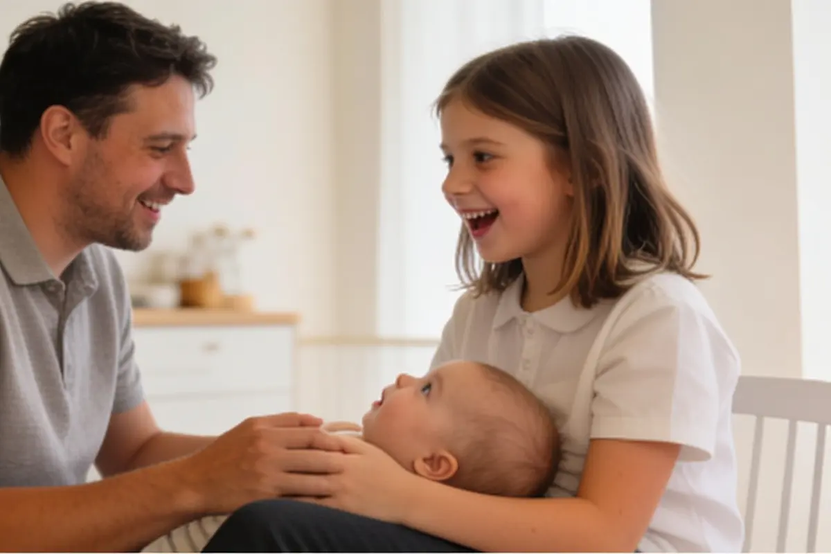 A parent and an older sibling talk with a baby lying across the parent's lap.