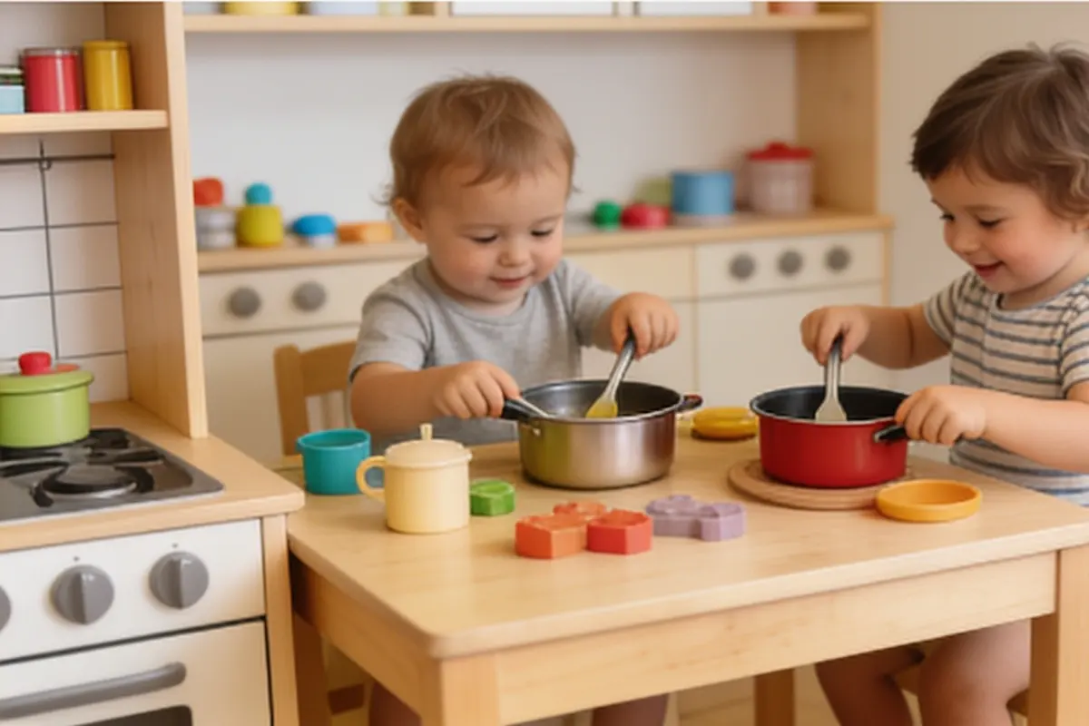 Two toddlers stir pots side by side at a wooden play kitchen.