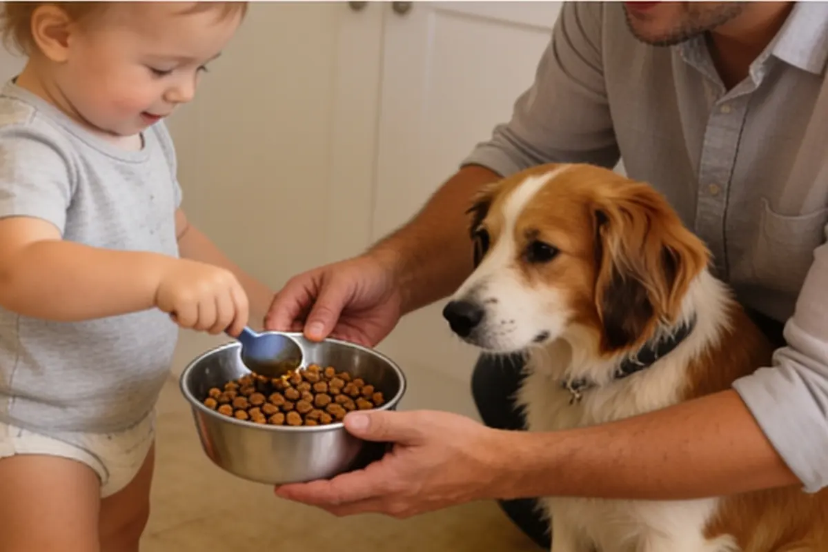 A toddler scoops dog food into a bowl a parent holds while the family dog waits.