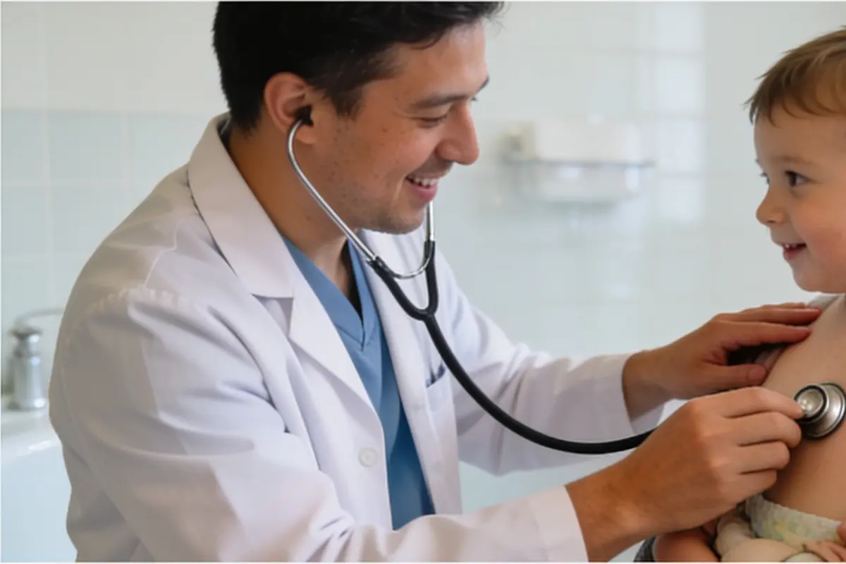 A pediatrician listens to a smiling toddler's chest with a stethoscope.