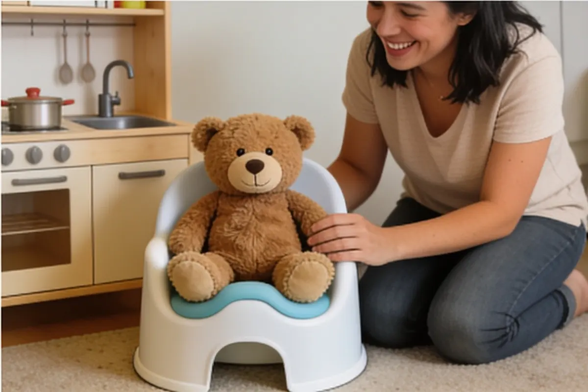 A smiling parent kneels beside a teddy bear sitting on a small potty chair.