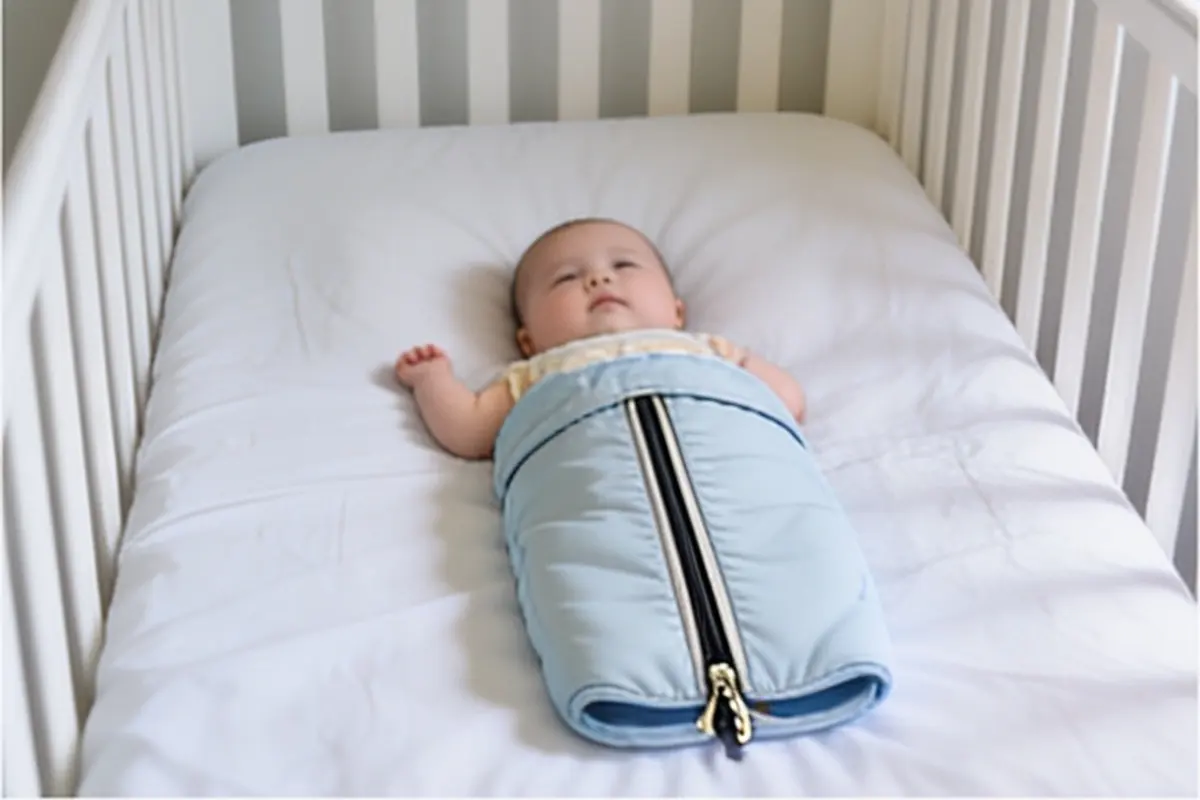 A baby sleeps on their back in a bare crib, wearing a zip-up sleep sack.