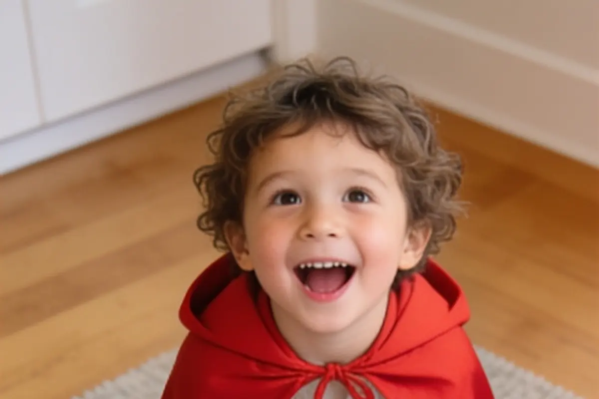 A delighted 3-year-old in a red cape plays pretend with a row of stuffed animals.