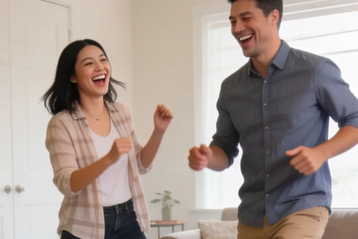 Parents laugh mid-move during a living room freeze-dance game.
