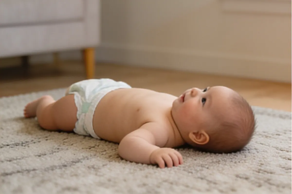 A baby lying on a rug turns toward the camera, working on rolling over.