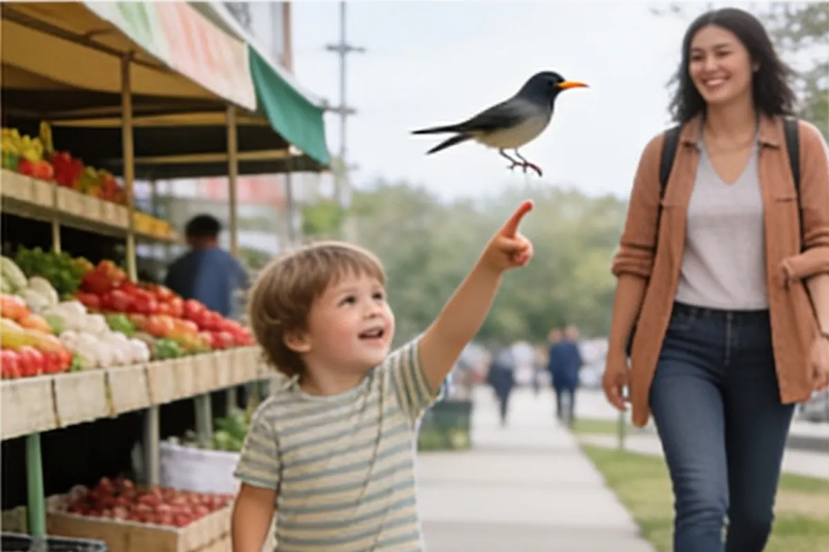 A 4-year-old points excitedly at a bird while walking past a fruit stand with a parent.